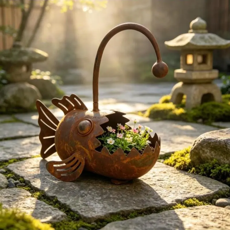 Vintage Iron Art Lantern-Shaped Flower Pot, Large-Mouth Outdoor Planter, Aged Finish, Decorative Ornament for Courtyards, Gardening Container