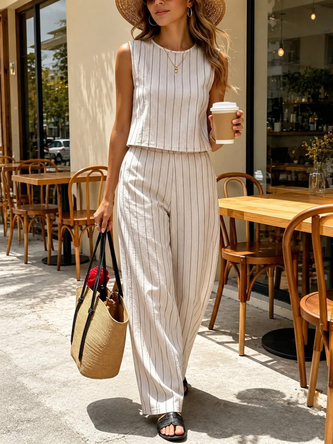 Women's French Striped Sleeveless Vest and Wide Leg Pants Set, Casual Loose Fit, Breathable, Lightweight Fabric, High Waist, Perfect for Daily Wear