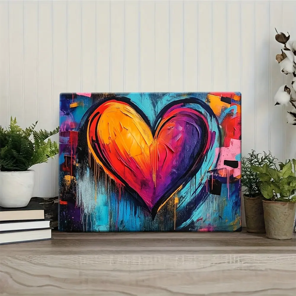 Vibrant Graffiti Heart Wall Art Framed in Classic Wood - Premium Canvas Print with Bold Color Splash Design for Living Room, Bedroom, Hallway Decor - Modern Urban Street Art Home Decoration, Bedroom Artwork, Wall Art Decor