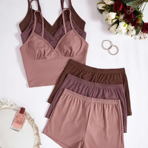 Women's Basic Solid Color Crop Cami Top & Medium Elastic Waist Shorts Pyjama Set, Casual Comfy Chic Spaghetti Strap Camisole & Shorts Pj Set, Ladies Summer Sleepwear