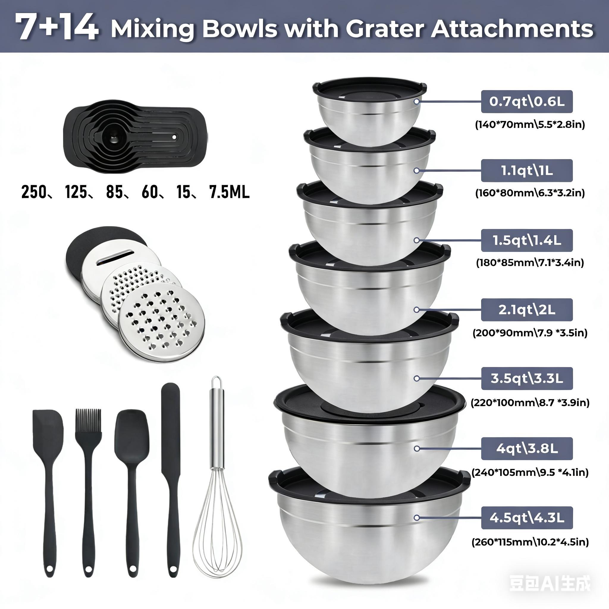 Nifogo 23PCS Nesting Mixing Bowls Set Stainless Steel Bowls with Lids Baking Utensils Graters Whisk Stackable Food Prep Cooking Tools for Kitchen - Tableware