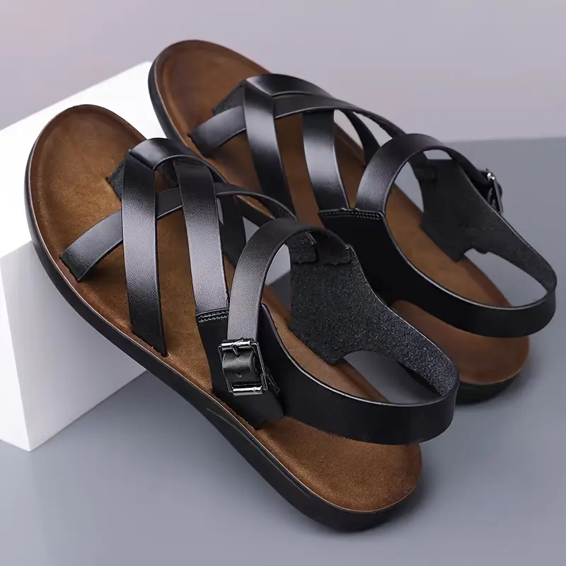 Men's Black Multi Strap Leather Sandals Adjustable Metal Buckle Flat Open Toe Summer Casual Slide Sandals