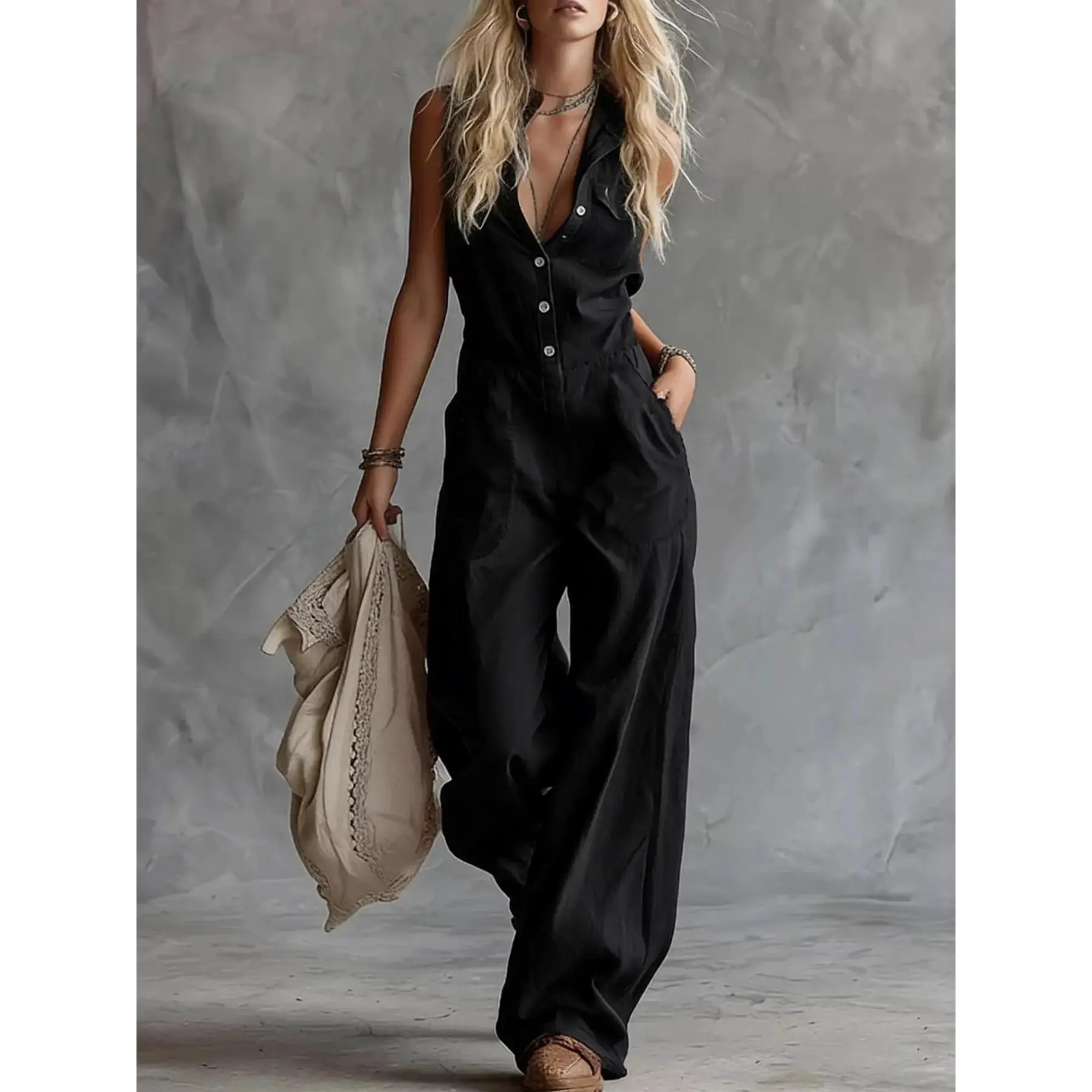 2026 New Arrival Western Style V-Neck Front Button Sleeveless Fitted Linen Romper, Casual Fashion and Women, Perfect for Daily Wear