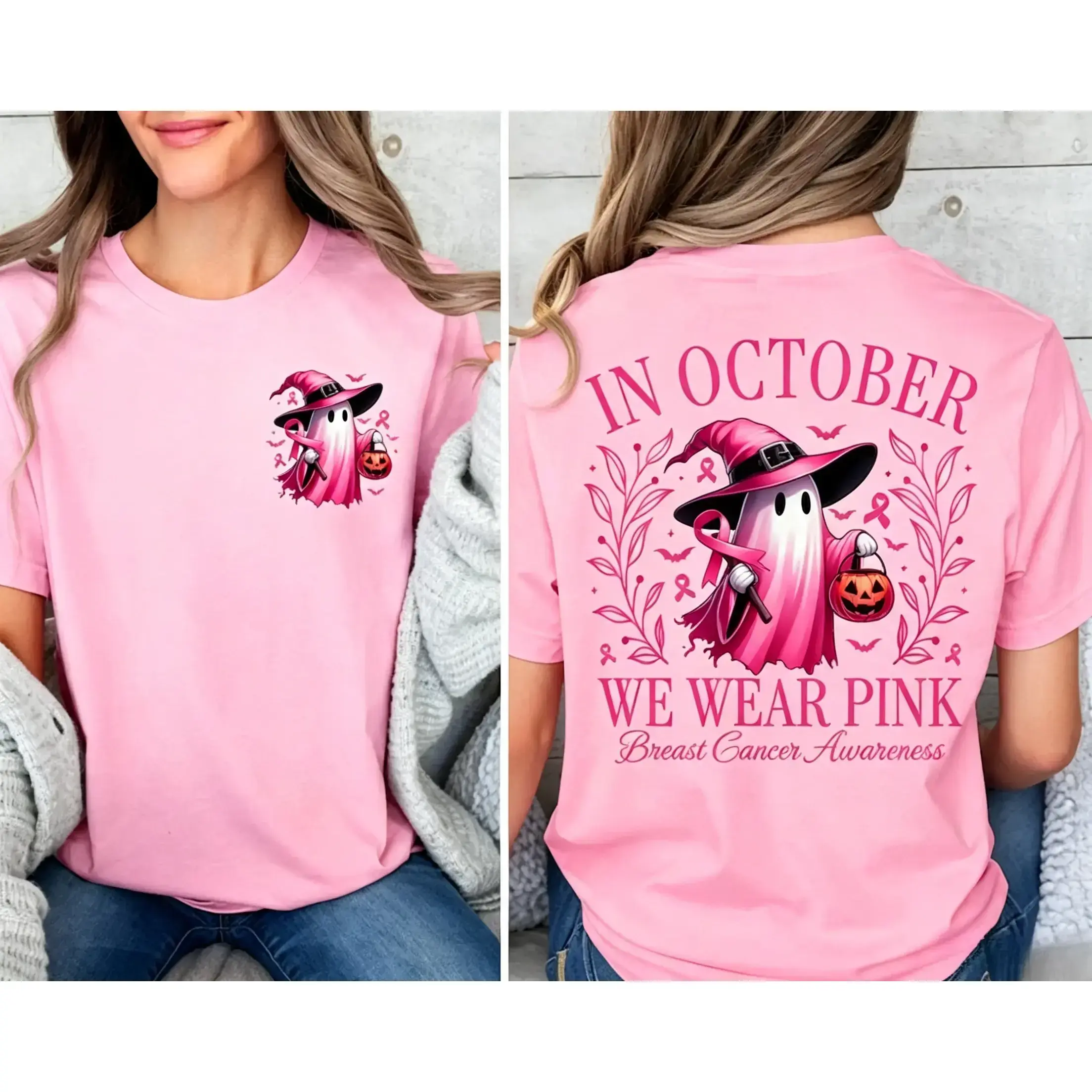 In October We Wear Pink Ghost Shirt, Halloween in October We Wear Pink, Breast Cancer Awareness Shirt, Pink Ribbon Shirt, Wear Pink Pumpkin PGS0018 Original