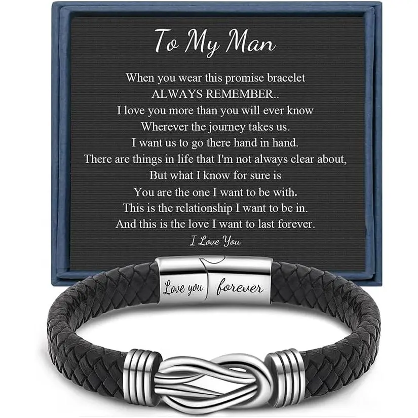 𝐊𝐧𝐨𝐭 𝐁𝐫𝐚𝐜𝐞𝐥𝐞𝐭 𝐟𝐨𝐫 𝐌𝐞𝐧 Valentines Day Birthday Gifts for Son Grandson Husband Boyfriend  Man Black Braided Leather Infinity Bracelets Lettering Love You Forever