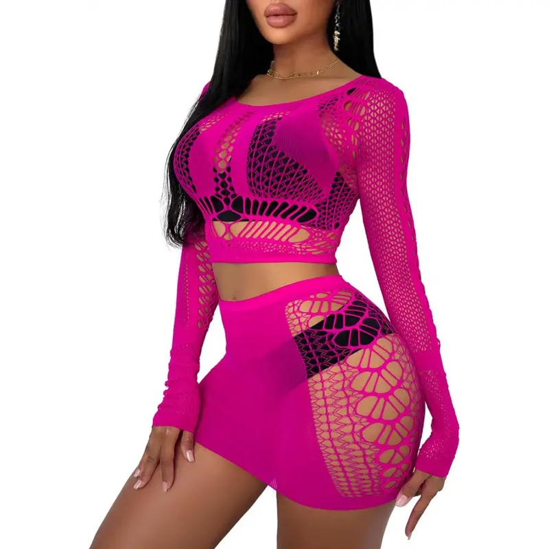 Women's Buitifo 2-Piece Fishnet Mesh Lingerie Set - Sexy Babydoll Top, Mini Skirt, Polyester Fabric, All Seasons Wear, Cold Wash Compatible, Fishnet Top, Mini Skirt Set, Lady, Nightwear, Babydoll Cut, Polyester Blend