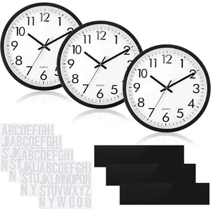 Sasylvia 3 Pcs 10 Inch Wall Clock Battery Operated Round Clock with 3 Pcs Black Acrylic Sheets 4 Sheets of Self Adhesive Vinyl Letter Stickers Alphabet Stickers for School Office Home
