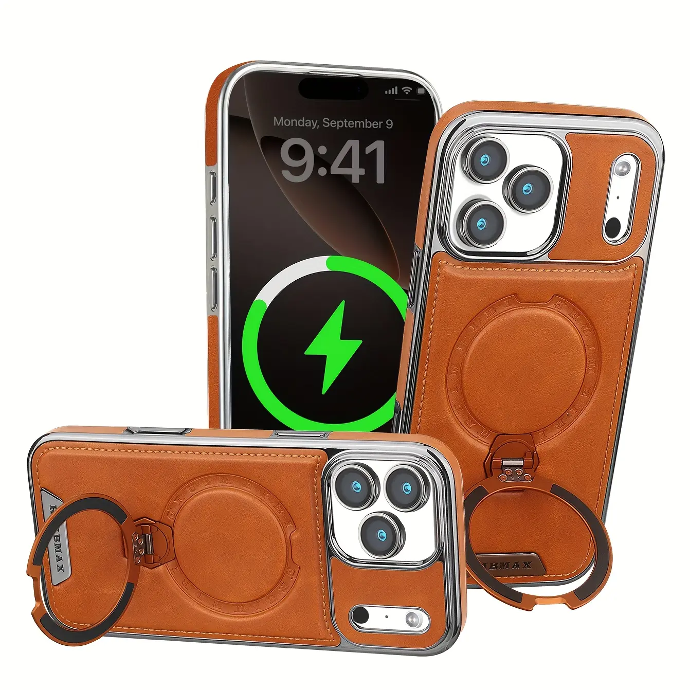Phone Case: Kickstand Synthetic Leather Case for iPhone 17/16/15/14/13/12 Pro Max Plus, Compatible with Magnetic Charger Wireless Charging, Rotatable Ring Kickstand Cover, Classic Luxury Elegant Thin Shockproof Full Protection Cover