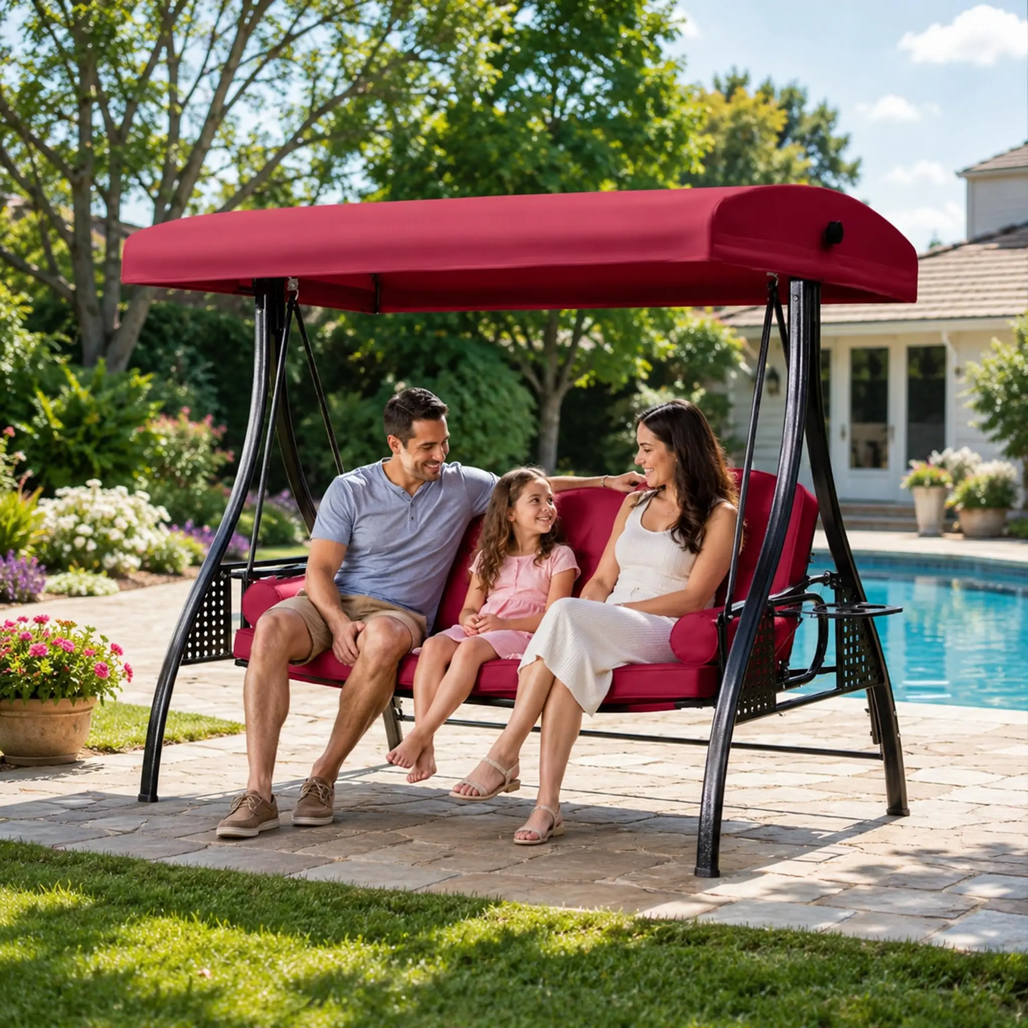 3-Seat Outdoor Patio Swing Chair(No Throw Pillow) with Canopy – Heavy Duty Steel Frame – Cushioned Weather-Resistant Garden Porch Swing Bench – Perfect for Backyard, Deck, Lawn summerwins