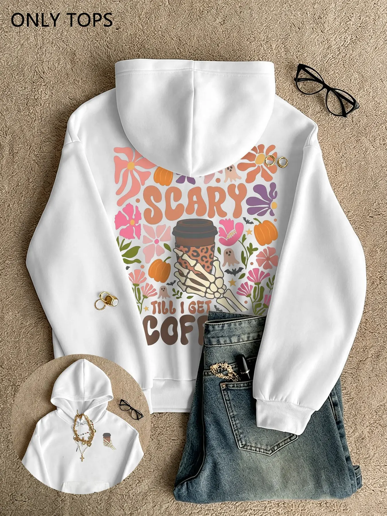 Halloween Women's Hoodie, Scary Till I Get Coffee Skeleton Graphic Pullover Halloween Casual Daily Top, Perfect Gift for Festive Season
