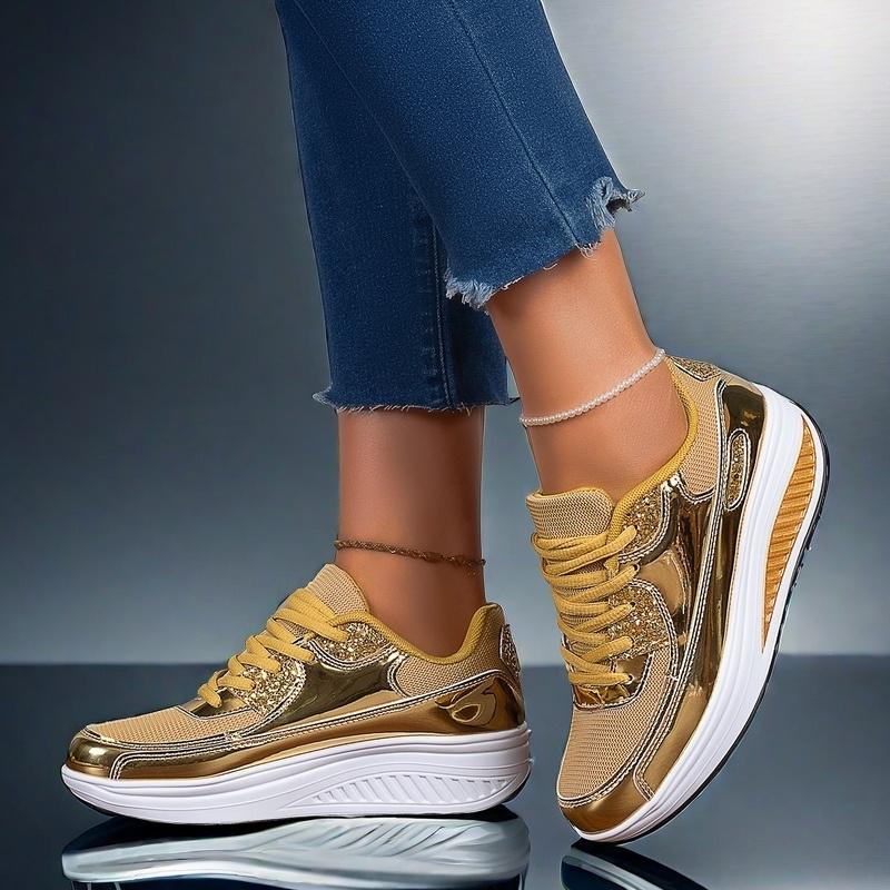 Women's Glittery Golden & Yellow Sneakers - Lightweight, Breathable Mesh Upper, Comfortable EVA Sole for Walking, Running, Yoga & Casual Wear