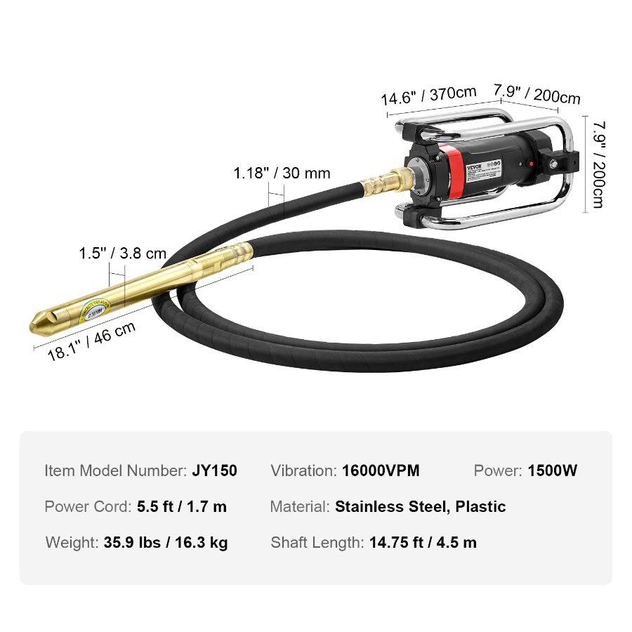 VEVOR Electric Concrete Vibrator, 1300W 16000 VPM, 2HP Copper Motor Handheld Concrete Vibrating Tool, Portable Pencil Cement Vibrator with Shaft of 14.75ft/ 4.5m, Remove Air Bubble and Level Concrete