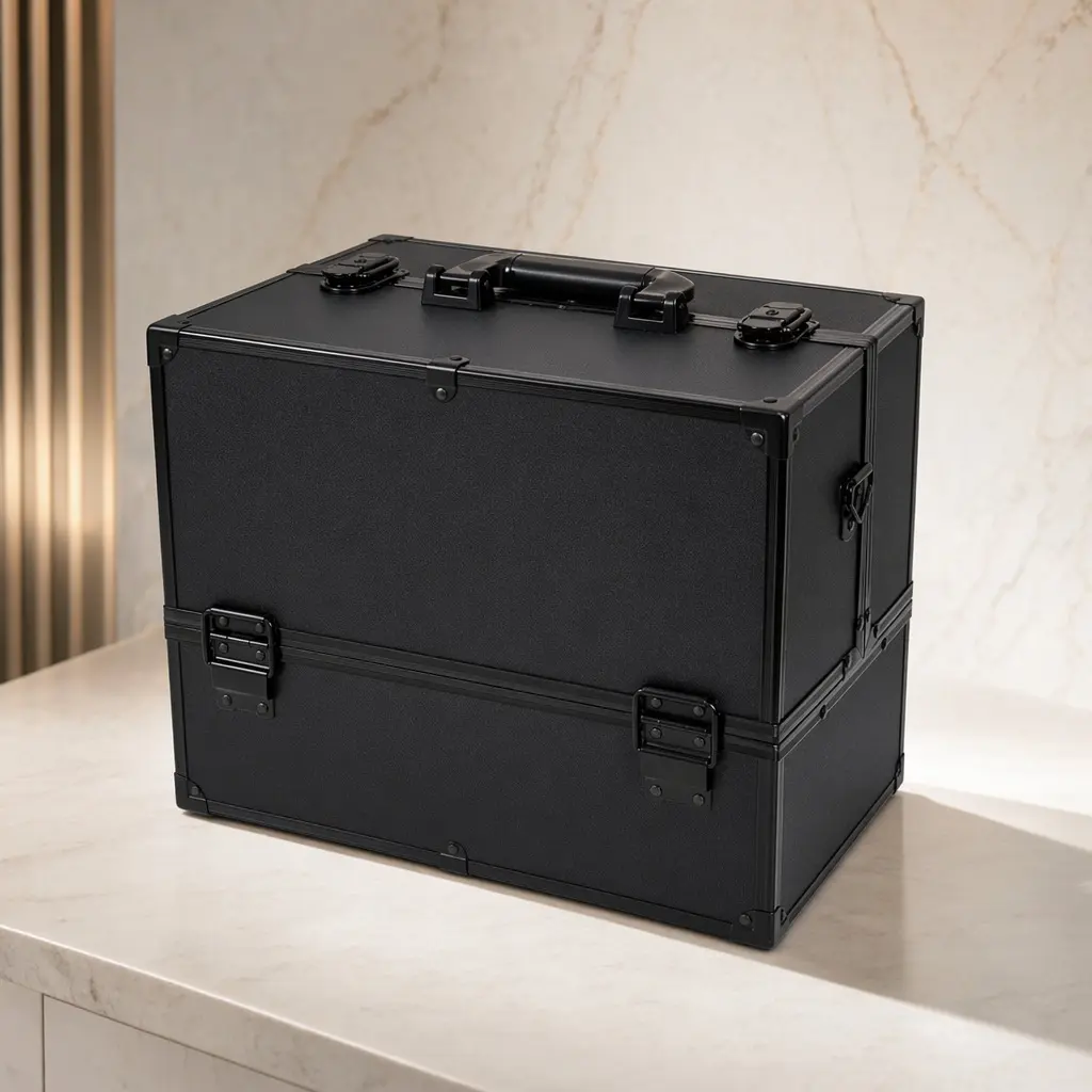 ARCH Professional 14-inch Lockable Makeup Train Case with 2x Keys - ABS-Aluminum Cosmetic Organizer for Vanity & Beauty Organization, 6 Adjustable Trays, Spacious Bottom Compartment, Detachable Shoulder Strap, 6.40 lb, Black