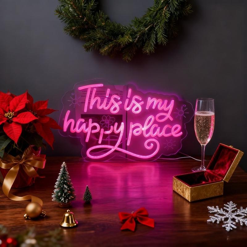 This is my happy place pink neon sign usb powered dimmable LED light sign, dimmable switch, birthday, christmas, thanksgiving, new year, housewarming gifts, family gathering, bar, game room, man cave, bedroom wall decoration
