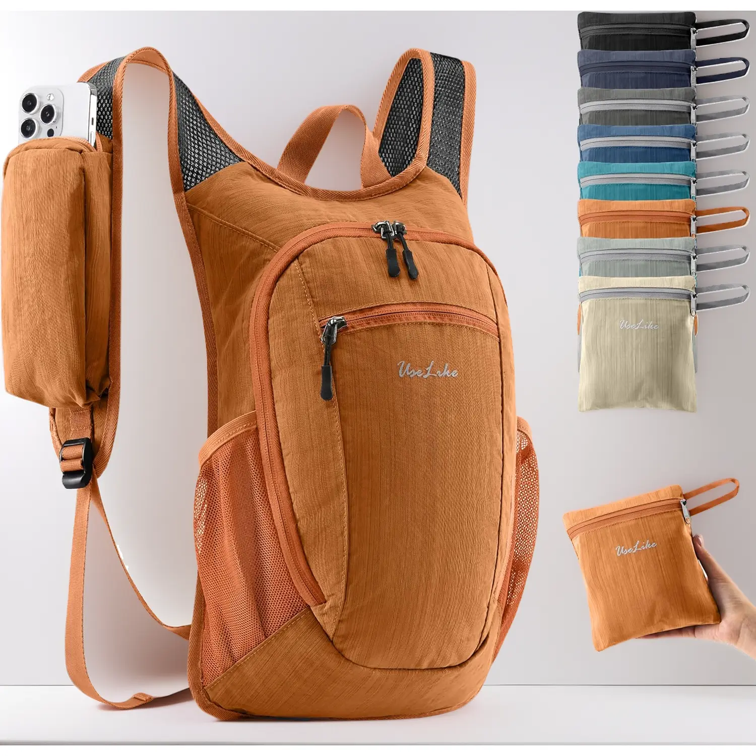 Small 10L Hiking Backpack, Lightweight Foldable Nylon Daypack for Men and Women, Secure and Water-Resistant Mini Pack for Camping, Strap, Portable, Compact, Reflective Logo, Solid Color
