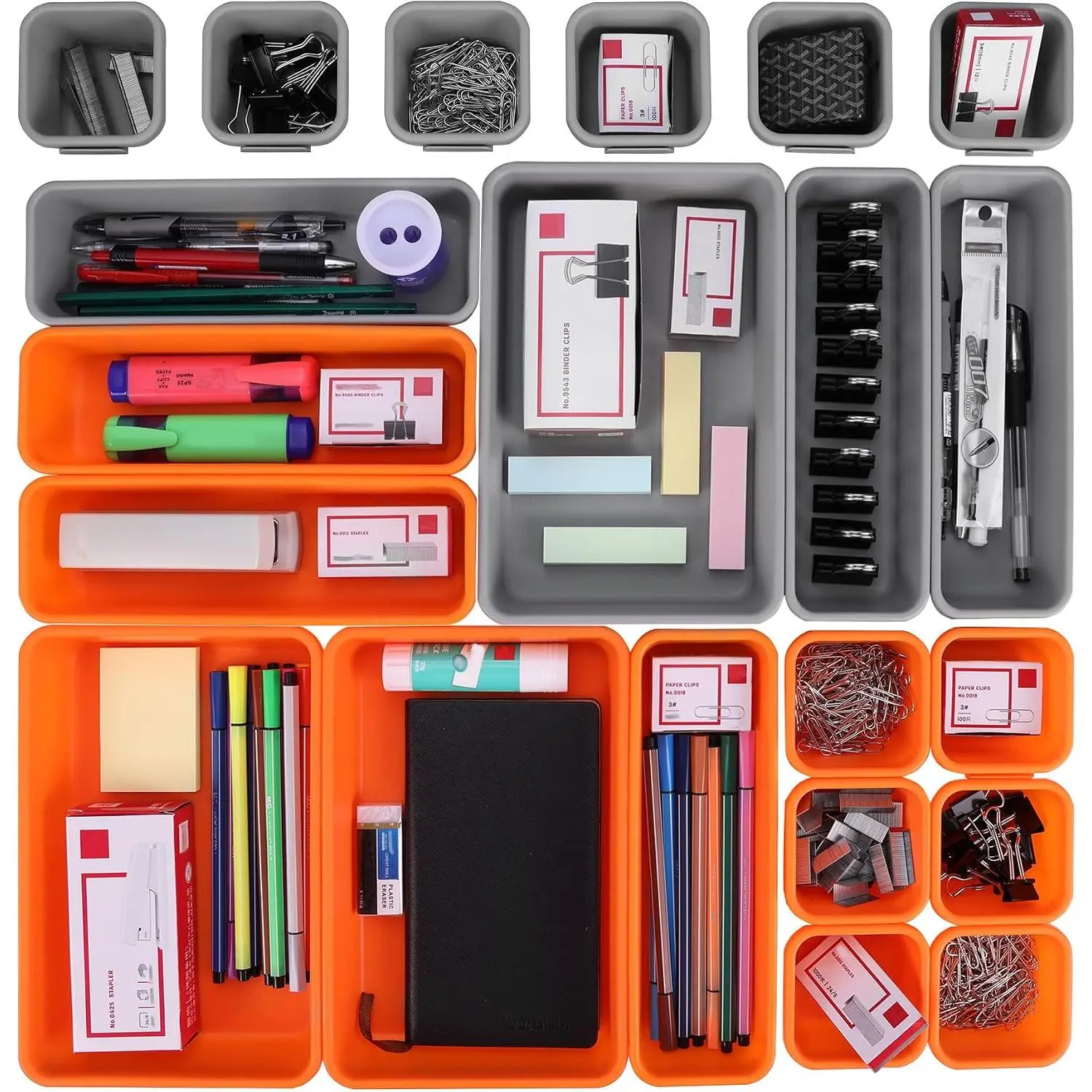 21 count PP Drawer Organizer Set, Interlocking Bins, Orange & Gray | 21 count PP Drawer Organizers, Stackable, Interlocking, 3 Sizes, Non-Slip Bins for , Office,  & Garage Organization
