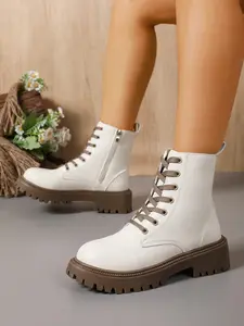 Women's Fall Winter Boots, Classic and Cream Colors, Thick Sole Chunky Heel, Anti-Slip Work Boots, British Style Casual Short Boot