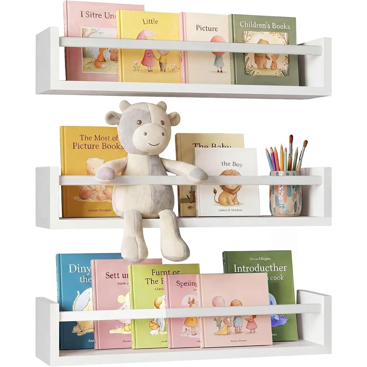 Solid Wood Floating Wall Bookshelves Set of 3 (16.5 in, White) - Wall-Mounted with Easy Installation, for Nursery Baby Kids Decor, Books, Toys Storage