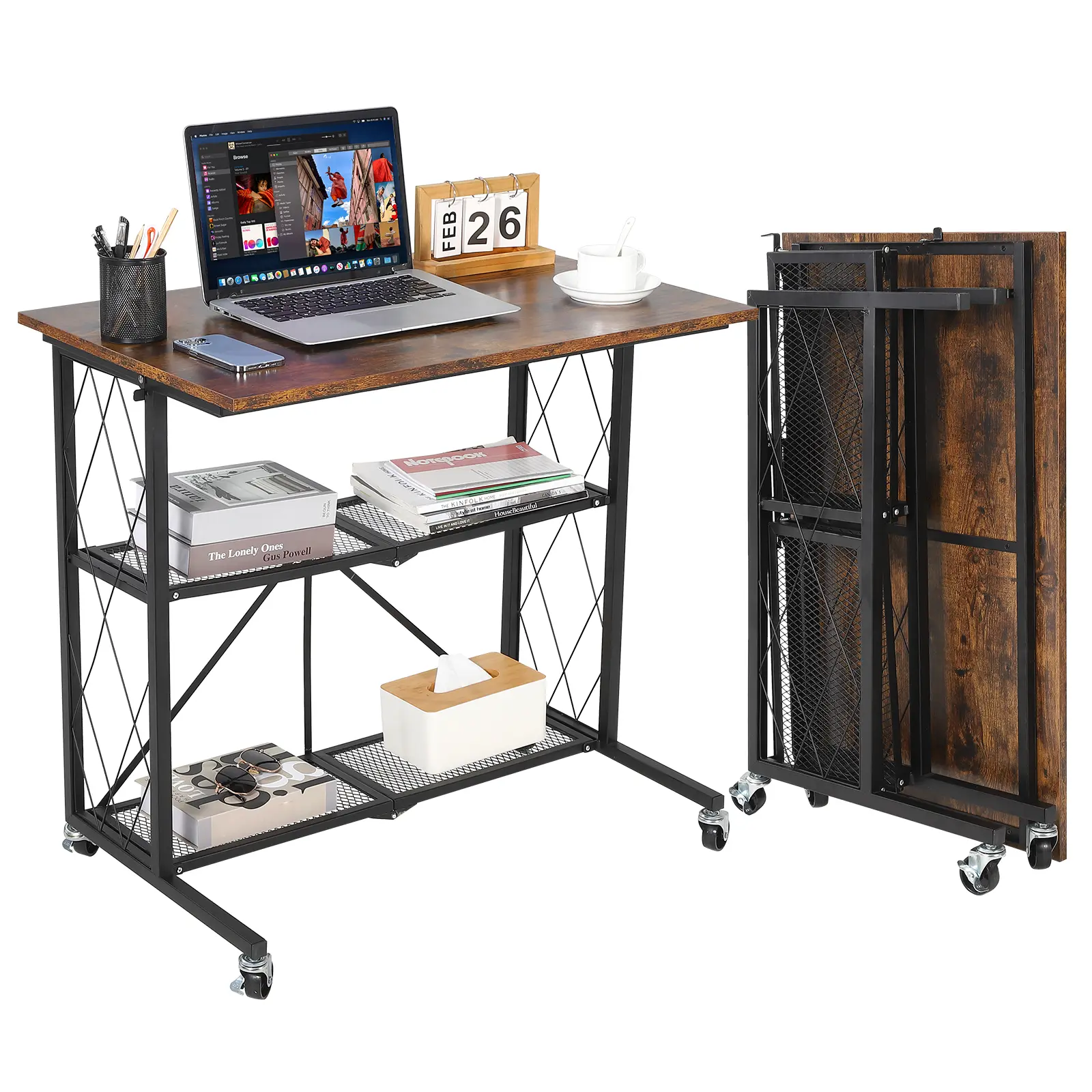 31.5" No-Assembly Collapsible Rolling Computer Desk with Wheels, 3-Tier Metal Wire Shelf Storage, Portable Brown Writing Workstation for Home Office