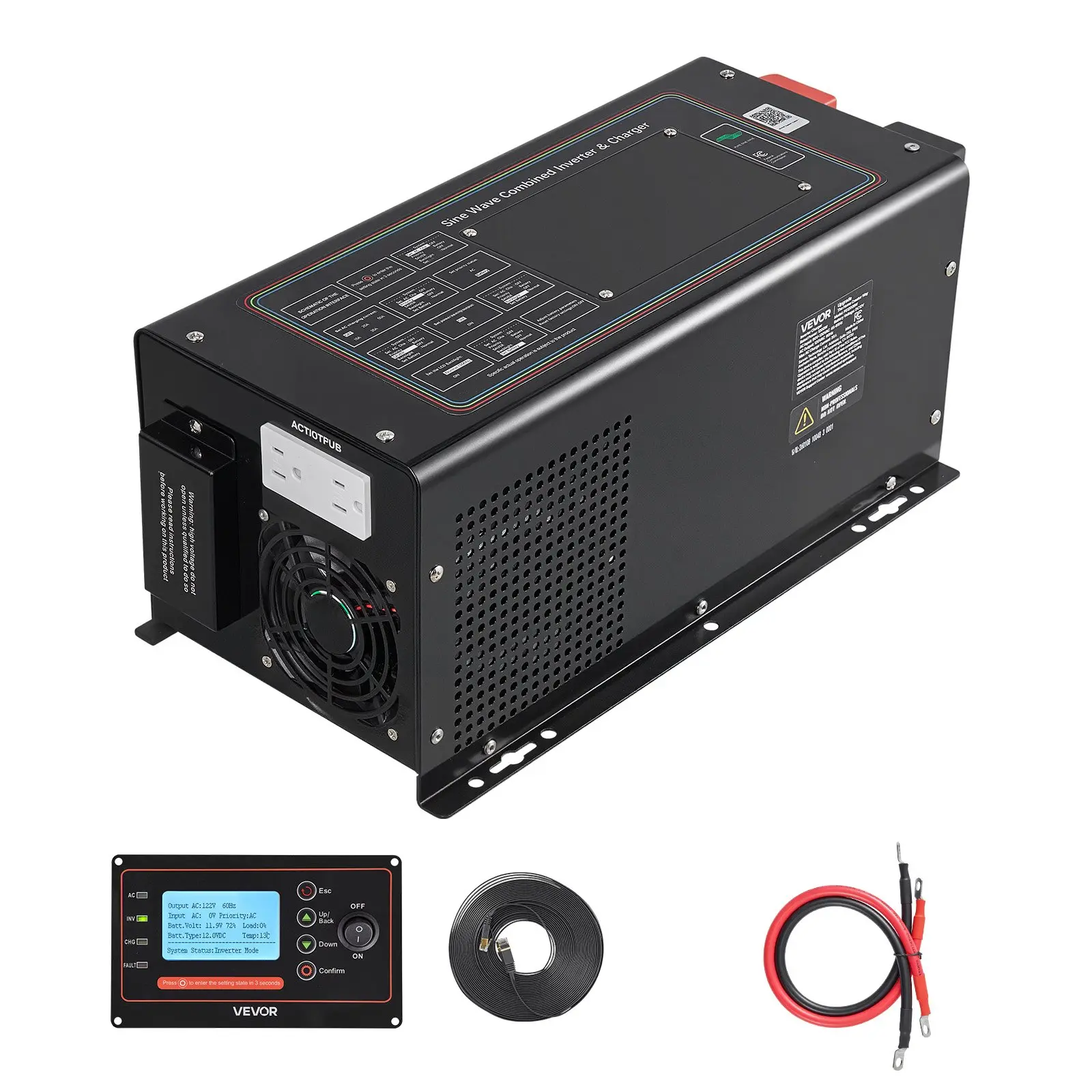 VEVOR 1200W Low Frequency Pure Sine Wave Inverter Charger - DC 12V to AC 120V, LCD Display, Detachable Controller, 5 Smart Modes, AC Power Supply, Full Security Protection, RV Camping Power Backup (12V LiFePO4 & Lithium Ion Batteries, RV Users Only)