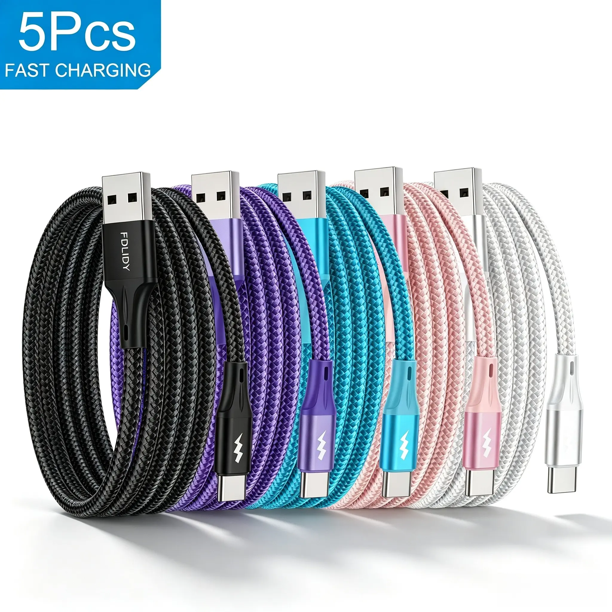 5Pcs Fast Charging Cellphone Type-C Cable, Braided USB-A to USB-C Data Cable, Compatible with Samsung, Xiaomi, Oppo, Oneplus, iPhone 17/16/15 Pro/max