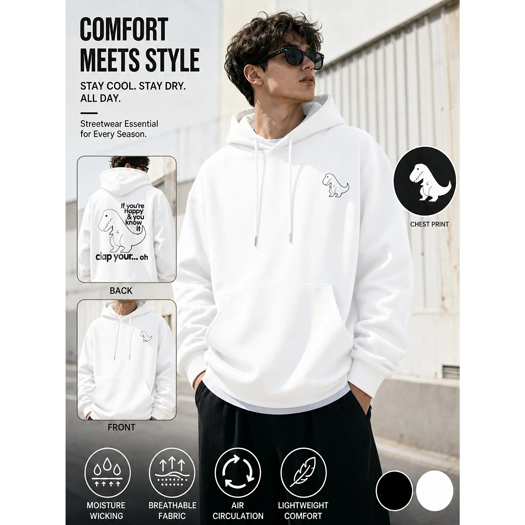 Men's Graphic Sweatshirts, Oversized Long Sleeve Hoodie with Funny Dinosaur Print, Lightweight Breathable Casual Menswear Top