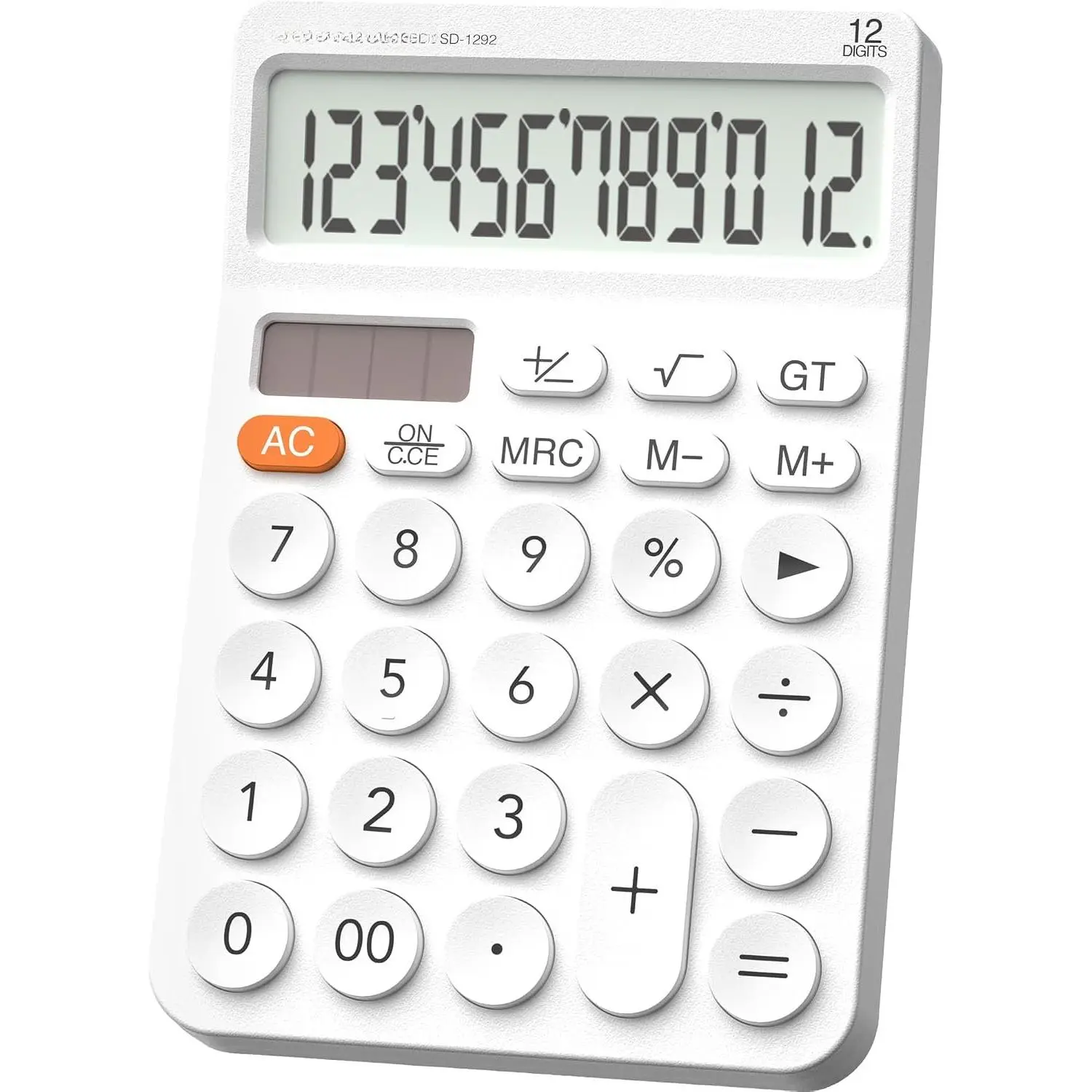 12-Digit Desktop Calculator for Basic Math & Desktop Use, SD-1292 White, Large Angled LCD Display, Big Buttons, 4-Function, Solar+Power, for Students/Office, Solar Powered, High Readability