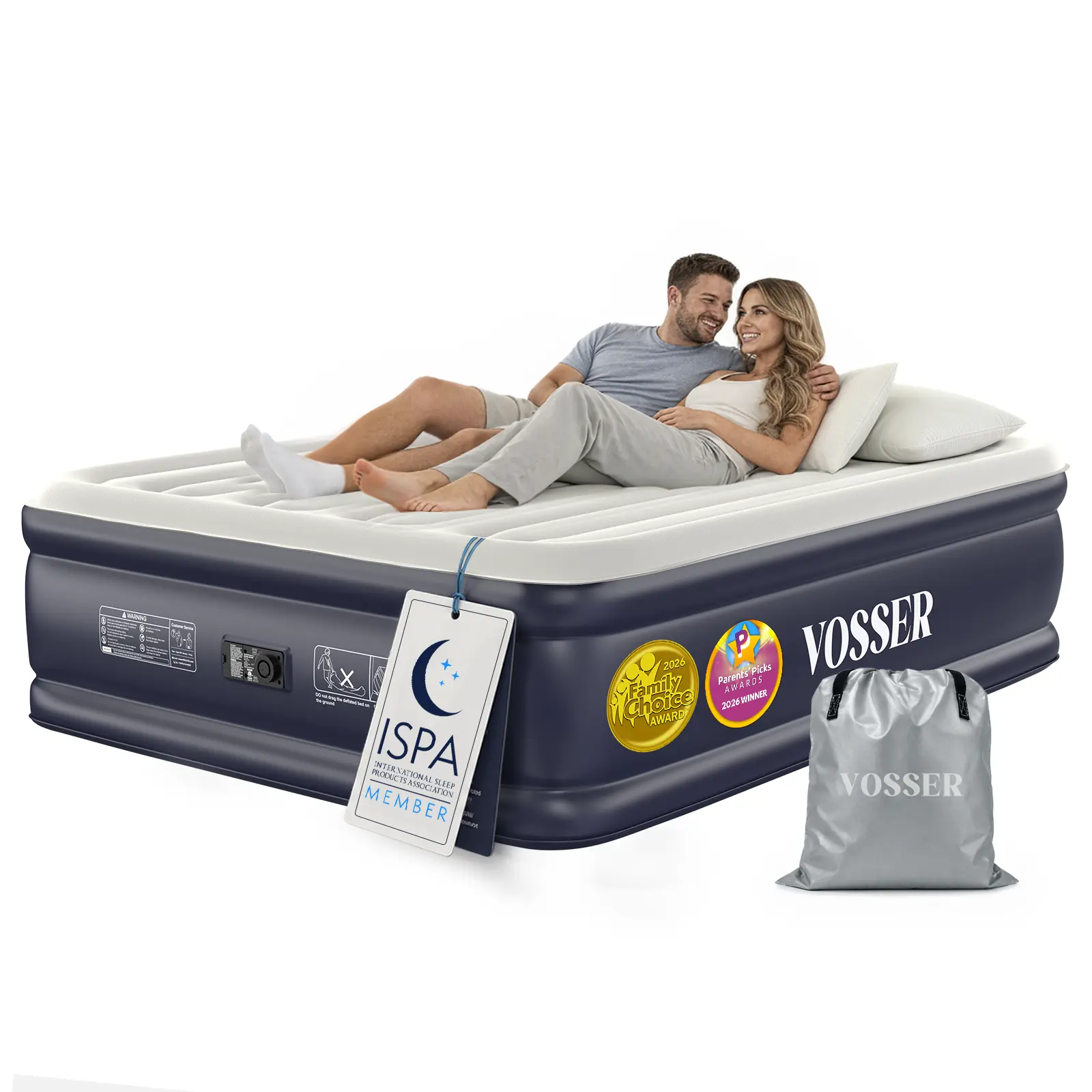 VOSSER Air Mattress Queen with Built-in Pump, 18" Raised Inflatable Blow Up Mattress,Upgraded Heavy Duty Portable Air Bed for Home,Guests,Floor & Camping, Self Inflating Colchon Inflable for Adults