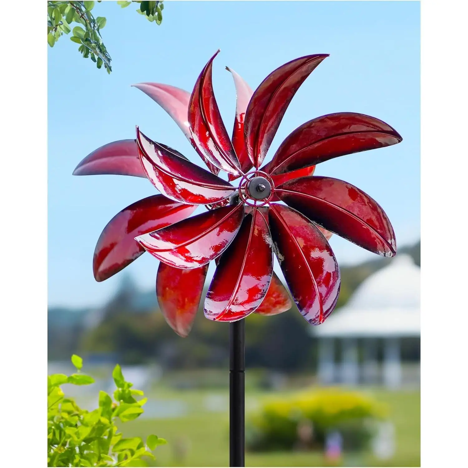 Wind Spinners Outdoor - Red Metal Windmill with Stake for Yard and Garden, Kinetic Wind Sculptures & Spinners, Gift Decor Ideas for Garden Lovers (12" W x 70" H)