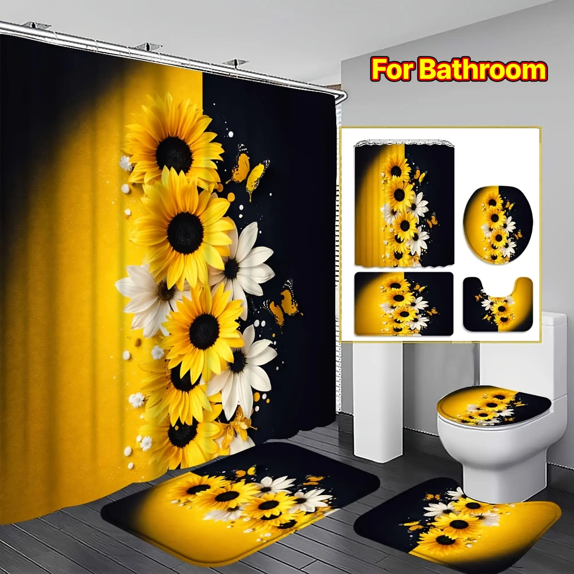 4-Piece sunflower shower curtain set, yellow and black sunflower butterfly printed bathroom decoration, bathroom decoration includes shower curtain, U-curtain, toilet cover with 12 hooks, sunflower, flower