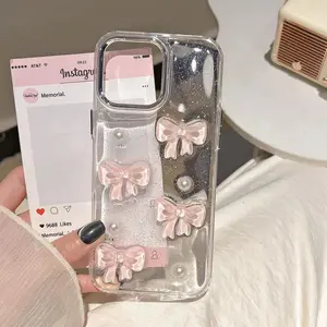 Korean Cute 3D Pink Bowknot Pearl Clear Phone Case For iPhone 16 15 14 13 12 11 Pro Max 16 Plus Shockproof Transparent Cover