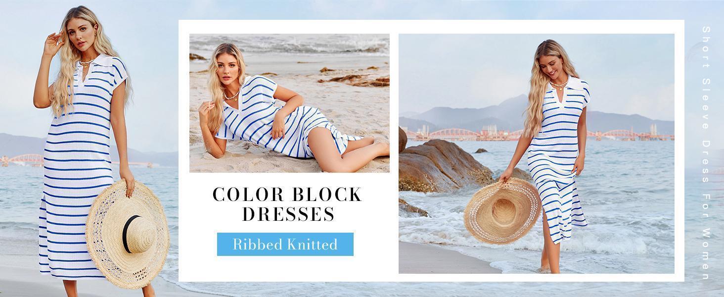 Imily Bela Womens Striped Summer Dresses Short Sleeve V Neck Knit Collared Sexy Slit Loose Maxi Sweater Dress SpringStatements Imily Bela Womens Striped Summer Dresses Short Sleeve V Neck Knit Collared Sexy Slit Loose Maxi Sweater Dress SpringStatements