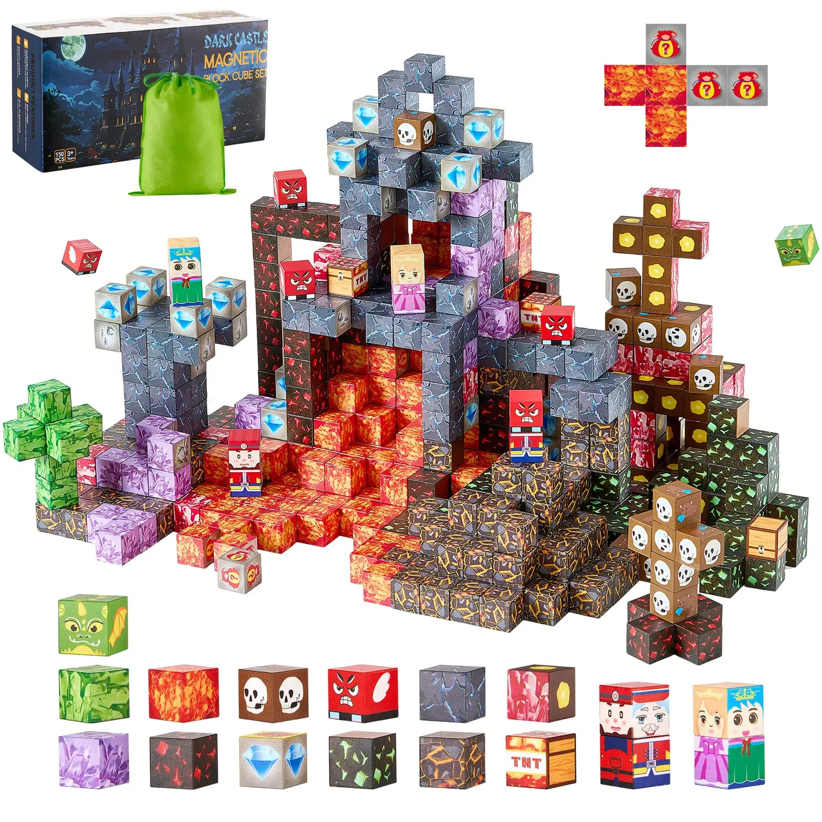 VEVOR Magnetic Blocks, 150 PCS Dark Castle Set, Magnetic Building Cubes for Kids, STEM Montessori Sensory Toys for Christmas Birthday Gift, Construction Stacking Toy for 3+ Years Old Boys Girls