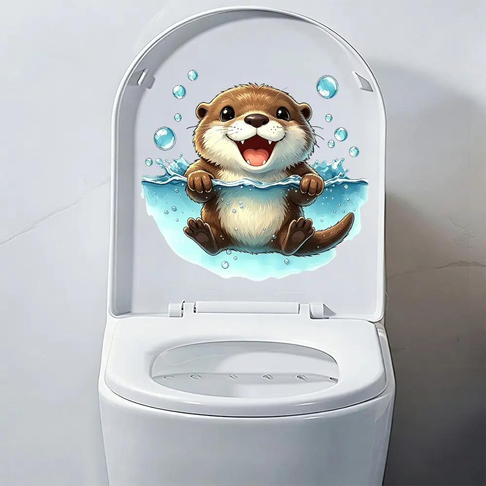 Cute Ocean Animal Toilet Lid Decal, Otter Penguin Seal Frog Waterproof PVC Bubble Toilet Seat Sticker, Funny Self Adhesive PVC Bathroom Decor Stickers for Restroom Toilet Tank Cover