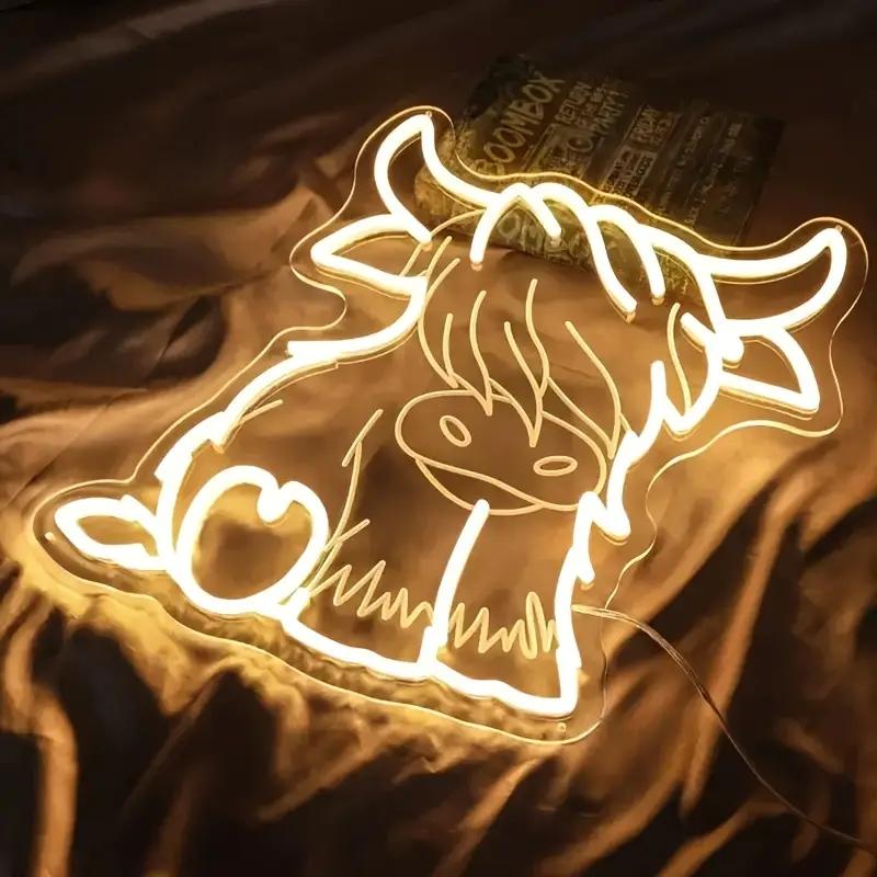 Highland Cow LED Neon Sign, Adjustable Brightness Wall-Mountable USB Powered Home Bedroom Party Decoration Christmas Gift Idea Ambient Decoration Lamp