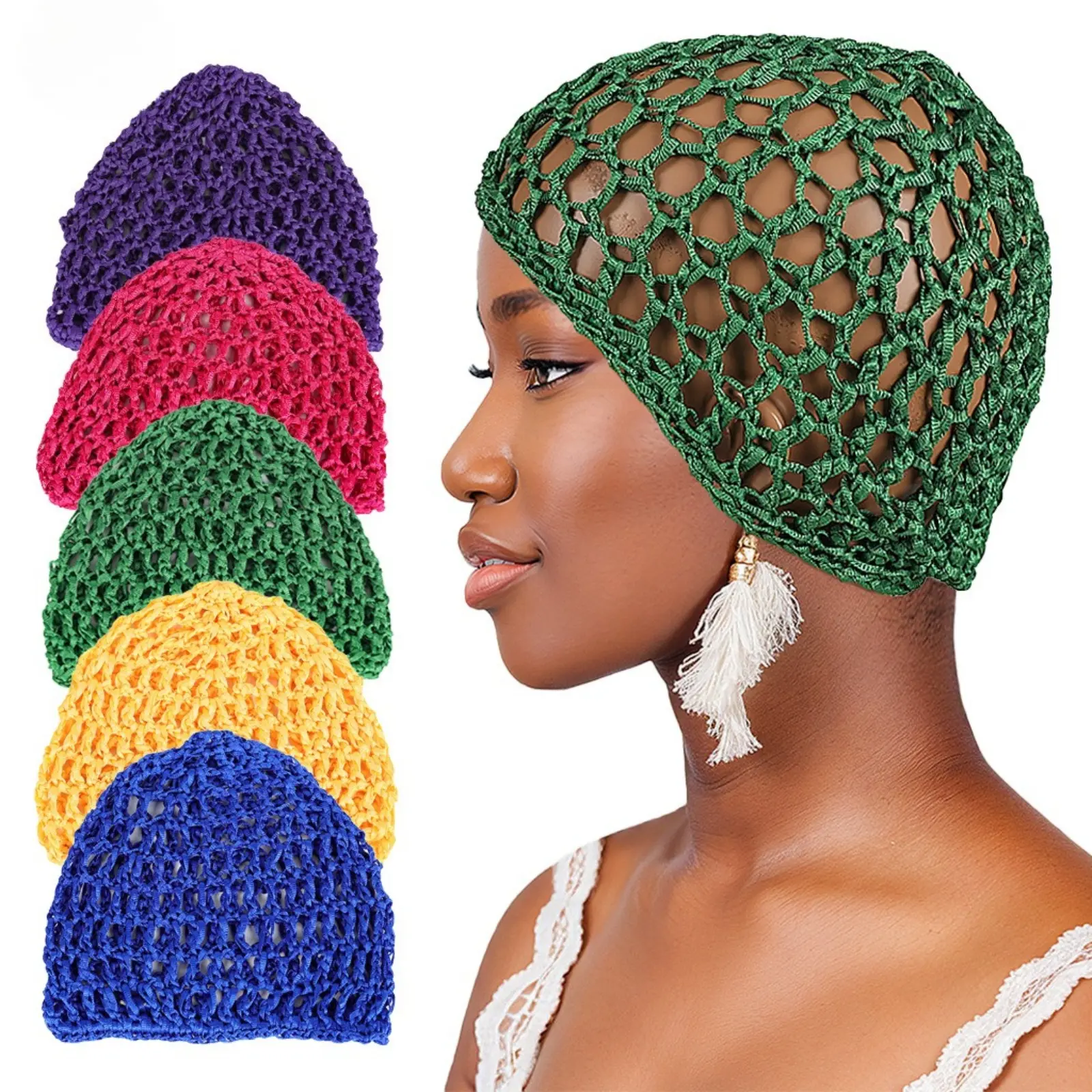 Solid Color Knitted Mesh Hair Wrap, hollow out fishnet head covering. Breathable soft beanie, practical hair accessory for daily wear and casual styling.