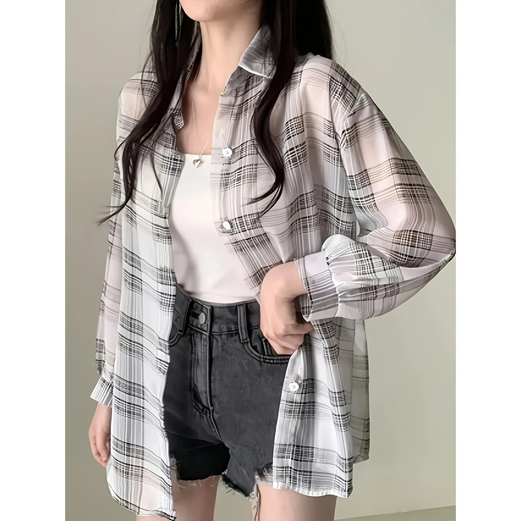 [Ladies' Plaid Cardigan] Ladies' Plaid Cardigan - Oversized Button-Front Chiffon Sheer Shirt, Essential for Office, Outings, And Vacation, And Fashionable, Breathable And Lightweight