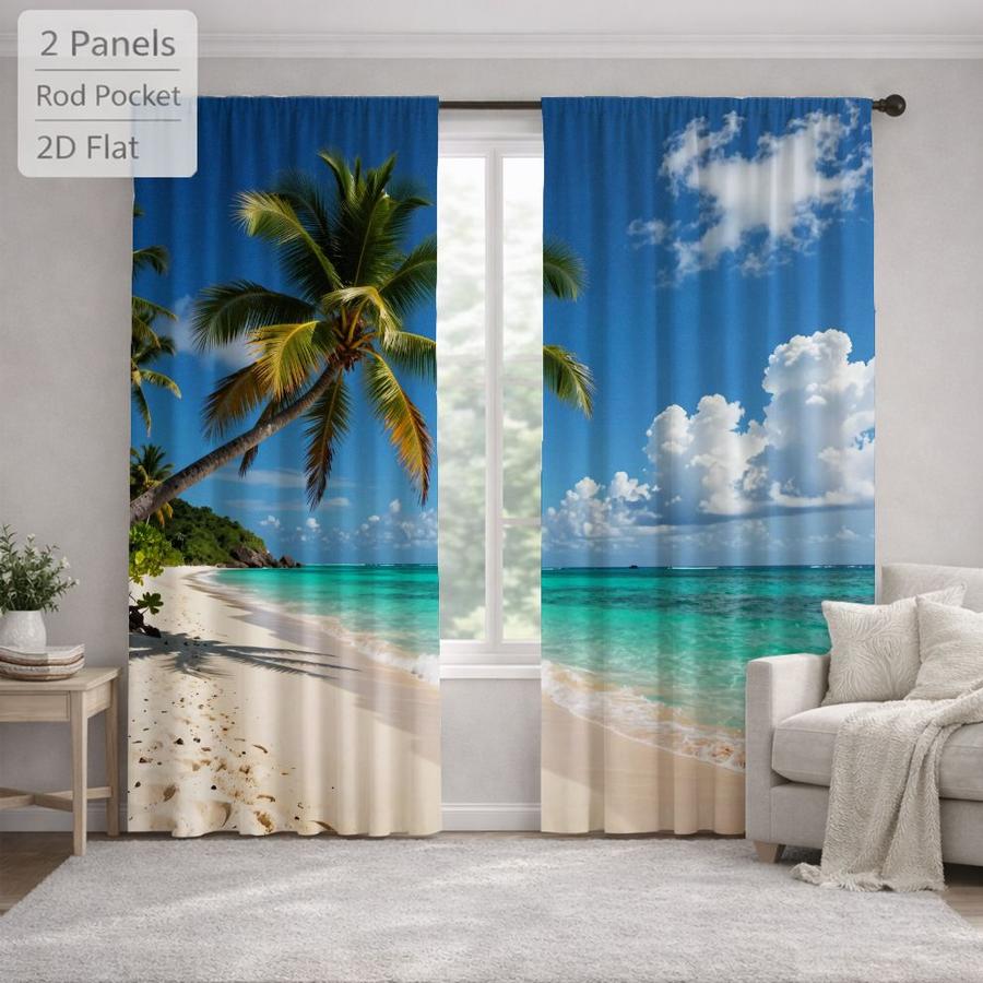 2Pcs Beach Landscape Palm Tree Ocean Scenery Sun Blocking Curtains Digital Printed Rod Pocket, Window Treatment For Bedroom Office Kitchen Living Room Study Home Decor