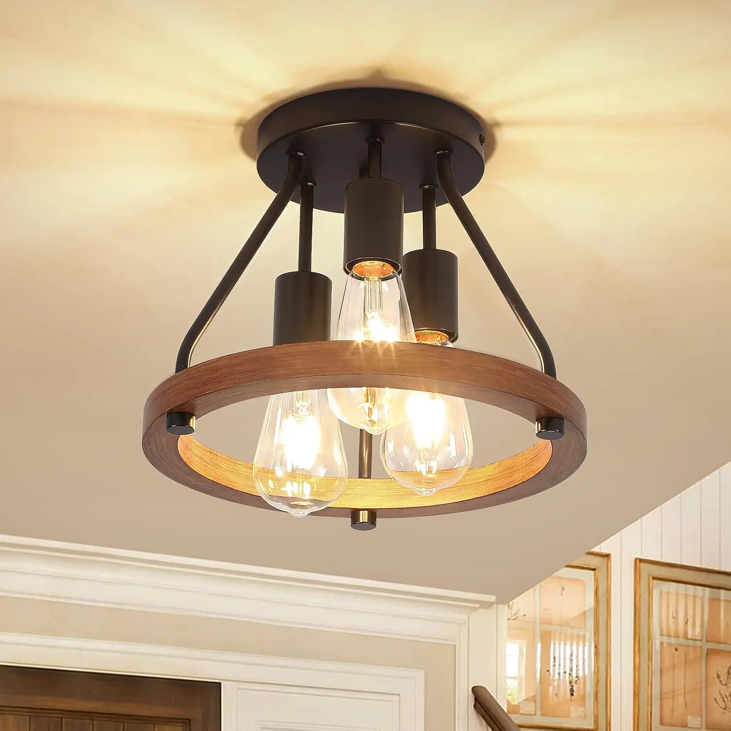 Modern Farmhouse Wood Semi Flush Mount Ceiling Light, Hallway Light Fixtures, Entryway Light Fixture, 3-Light Rustic Industrial Ceiling Lamp for Kitchen Bedroom Laundry Dining Room Lighting Fixtures