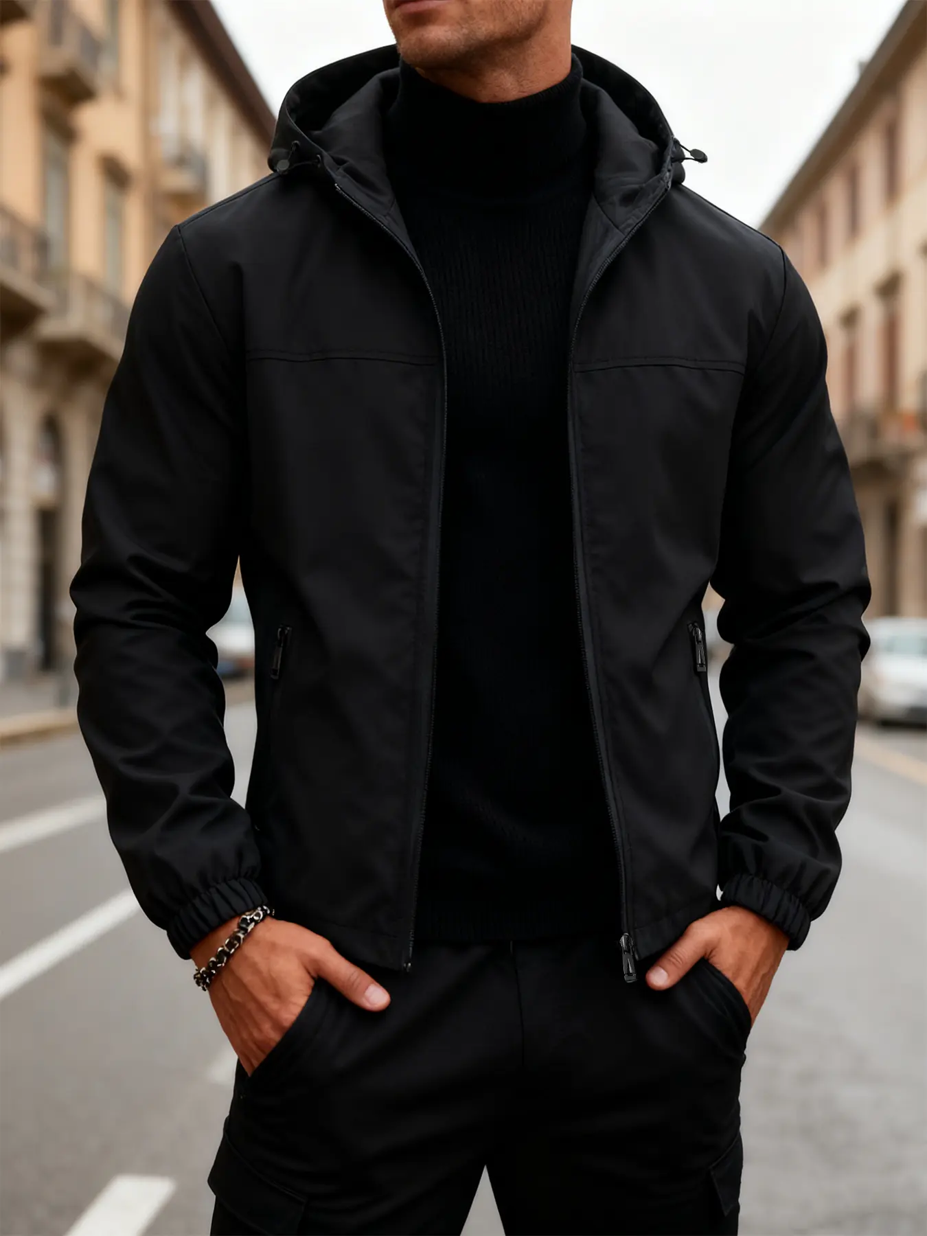 Men's Casual Versatile Jacket, Long Sleeve, Zip Closure, Pocket Design, Windproof Hooded Outerwear, Polyester Fabric, Spring & Fall
