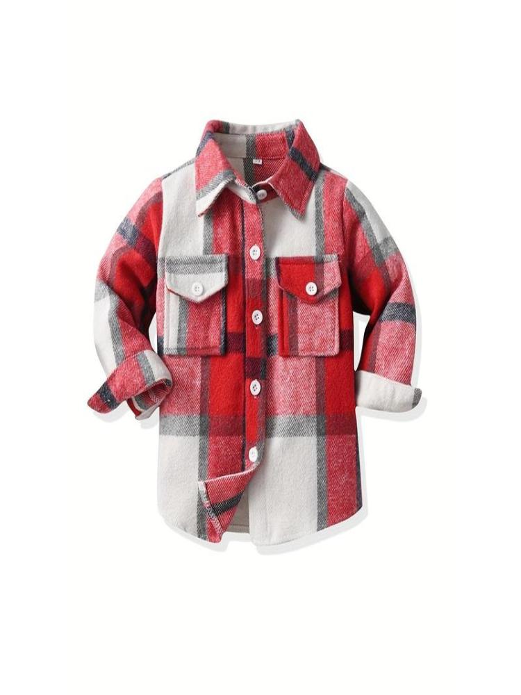 Kids' Preppy Plaid Long Sleeve Shirt, Cotton Blend,-Stretch Woven Fabric, Loose Fit with Lapel Collar, Button Placket, Regular Sleeve, Fall/Winter Warm for Boys Girls