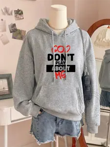 Women's Fashion Hoodie God Don't Play About Me Letter Print Kangaroo Pocket Casual Long Sleeve Sweatshirt for Fall & Winter