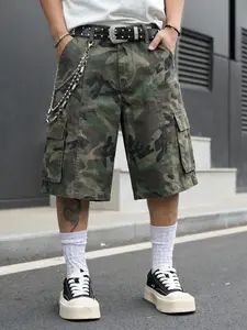 American Vintage Streetwear Washed Camo cargo shorts Pocket, Loose-Fit Summer Casual Pants, Men's Distressed Cargo Five-Quarter Shorts