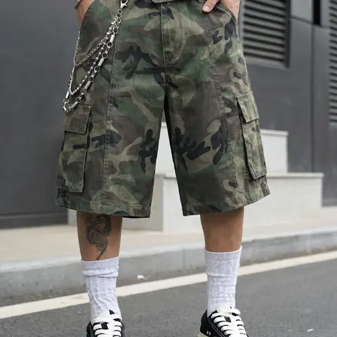 Men's Washed Camo Cargo Shorts, Camouflage Vintage American Streetwear, Loose-Fit Wide-Leg Knee-Length Shorts, Distressed Multi-Pocket, Summer Casual, Camouflage Print Shorts
