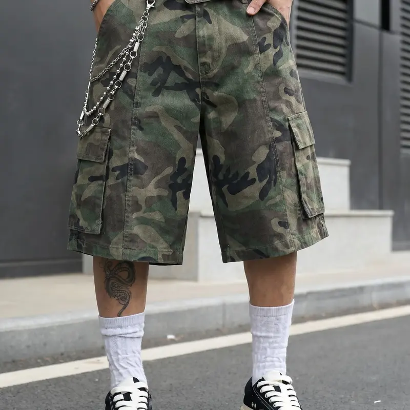 Men's Washed Camo Cargo Shorts, Camouflage Vintage American Streetwear, Loose-Fit Wide-Leg Knee-Length Shorts, Distressed Multi-Pocket, Summer Casual, Camouflage Print Shorts