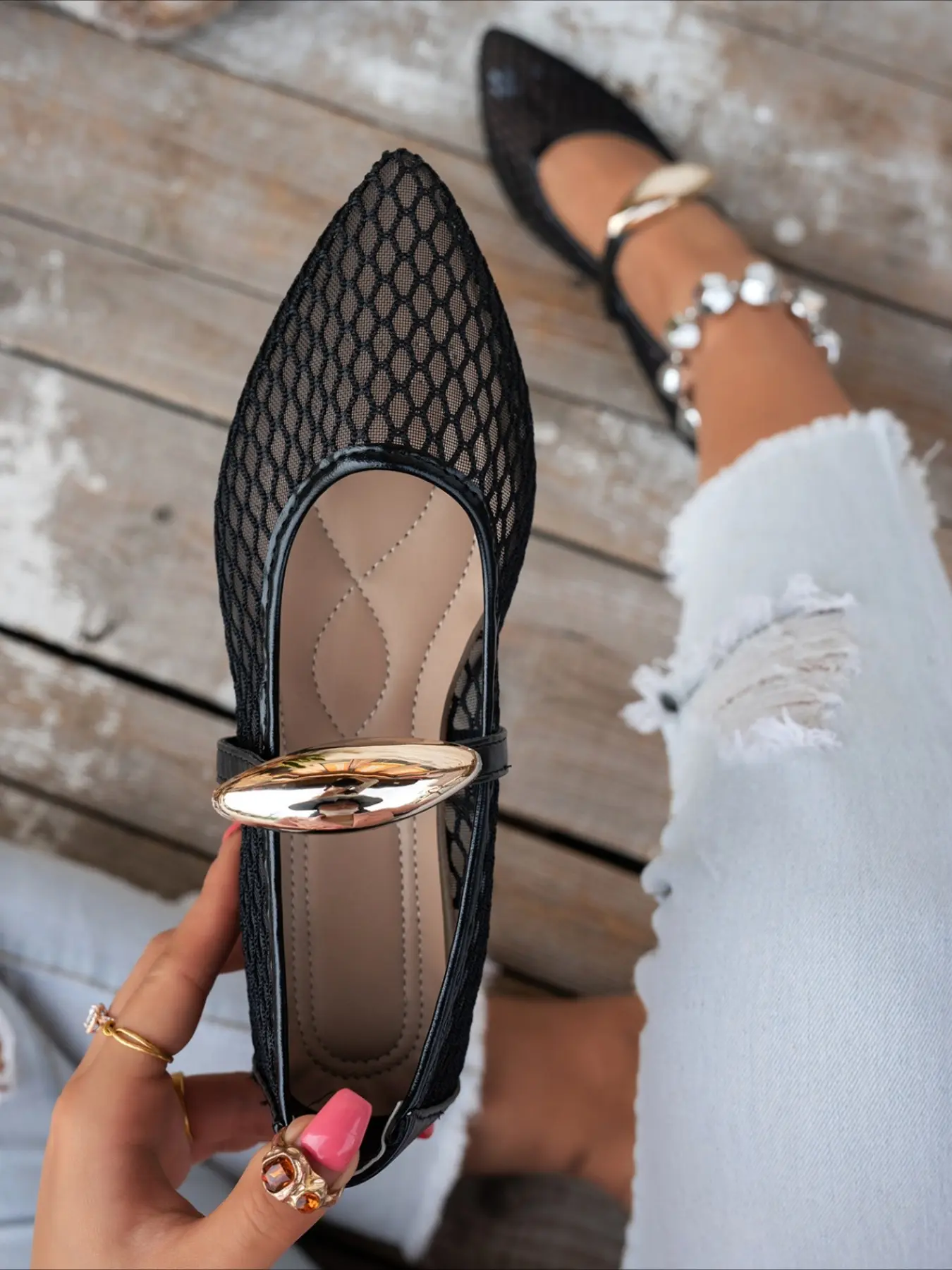 French mesh Mary Jane flats, pointed toe for a slim look, comfy sole, soft sole flats, multi-scene fit, four colors available, Footwear
