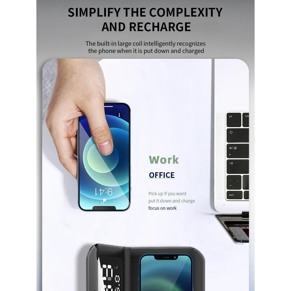 Wireless Charger Pad Stand with Alarm Clock Thermometer  Fast Charging Station dock charger station 3-in-1 Magnetic Charger with PD Fast Charging