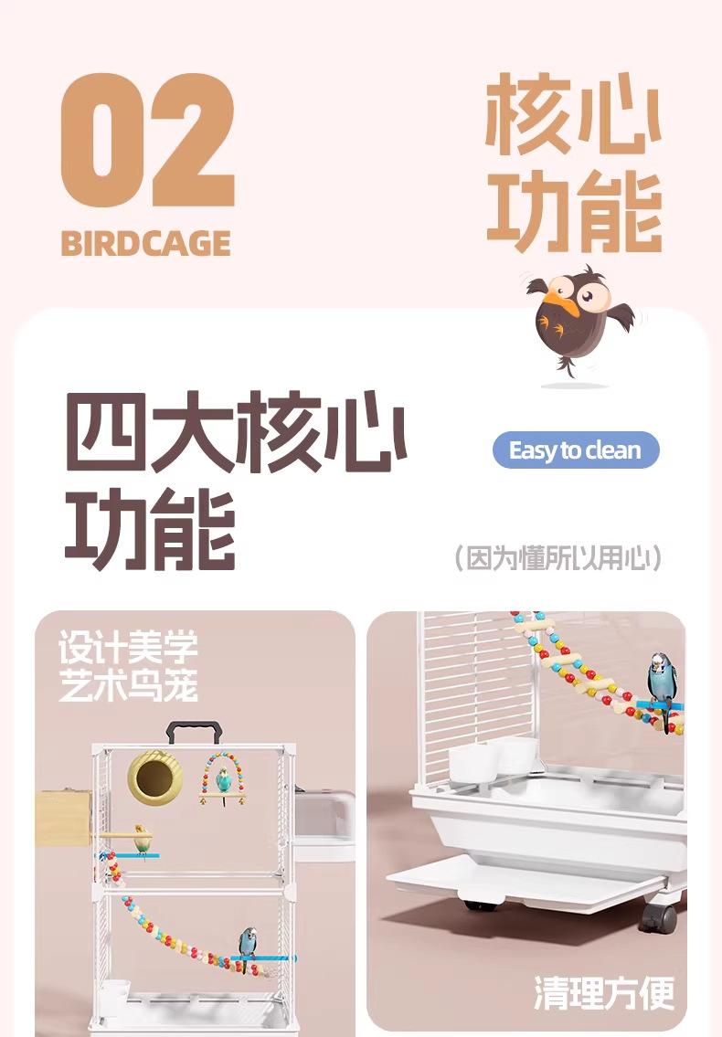 New Transparent Villa Bird Cage Double Layer Large Size Anti-Splash Horizontal Wire Special for Parakeet Cockatiel Budgie Parrot with Pet Toy Accessories