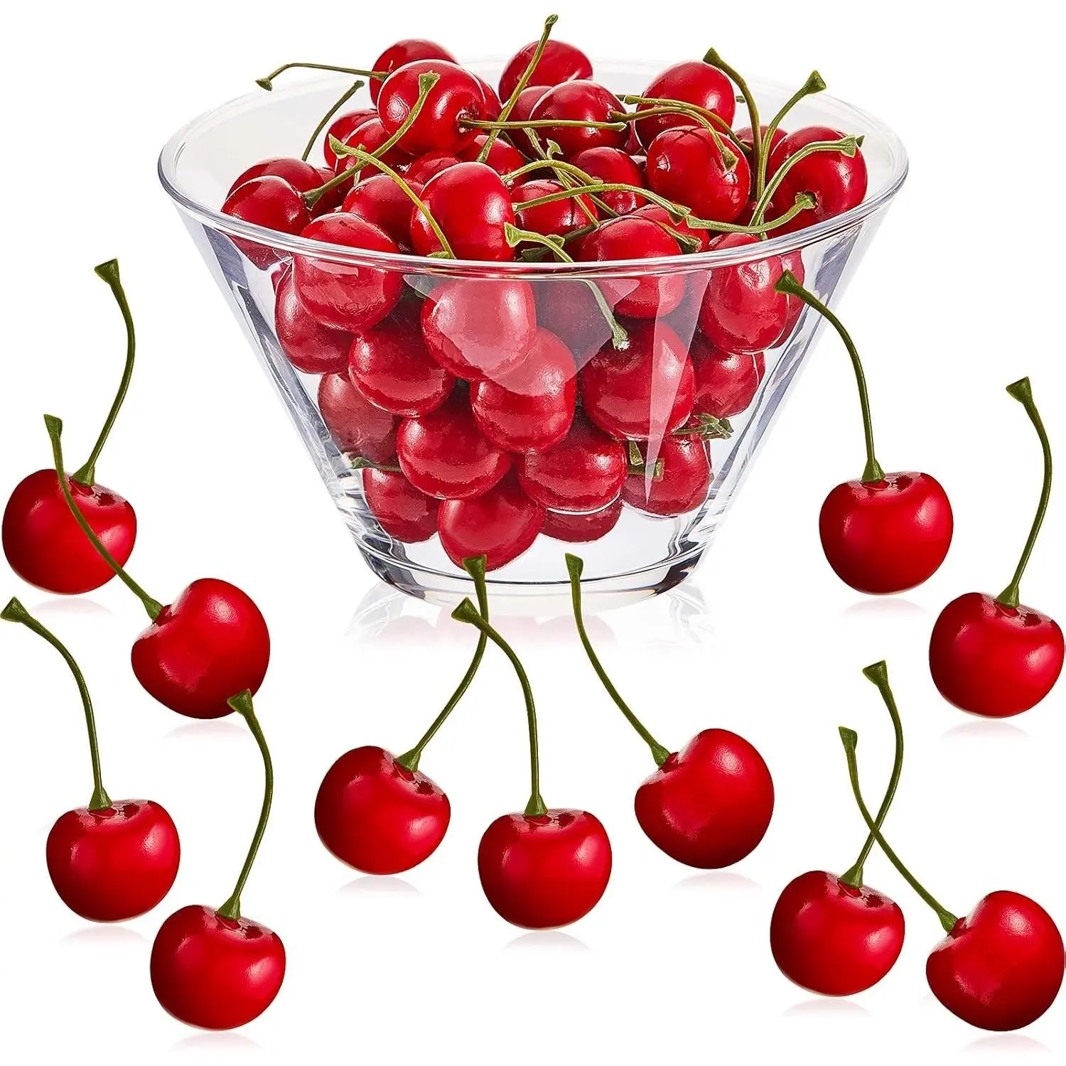 50 Pcs Red Fake Cherries Artificial Simulation Cherry Fruit Decor for Cake Decoration, Home Kitchen Cabinet Ornament, Photography Prop, Cognitive Toy, Party Favors