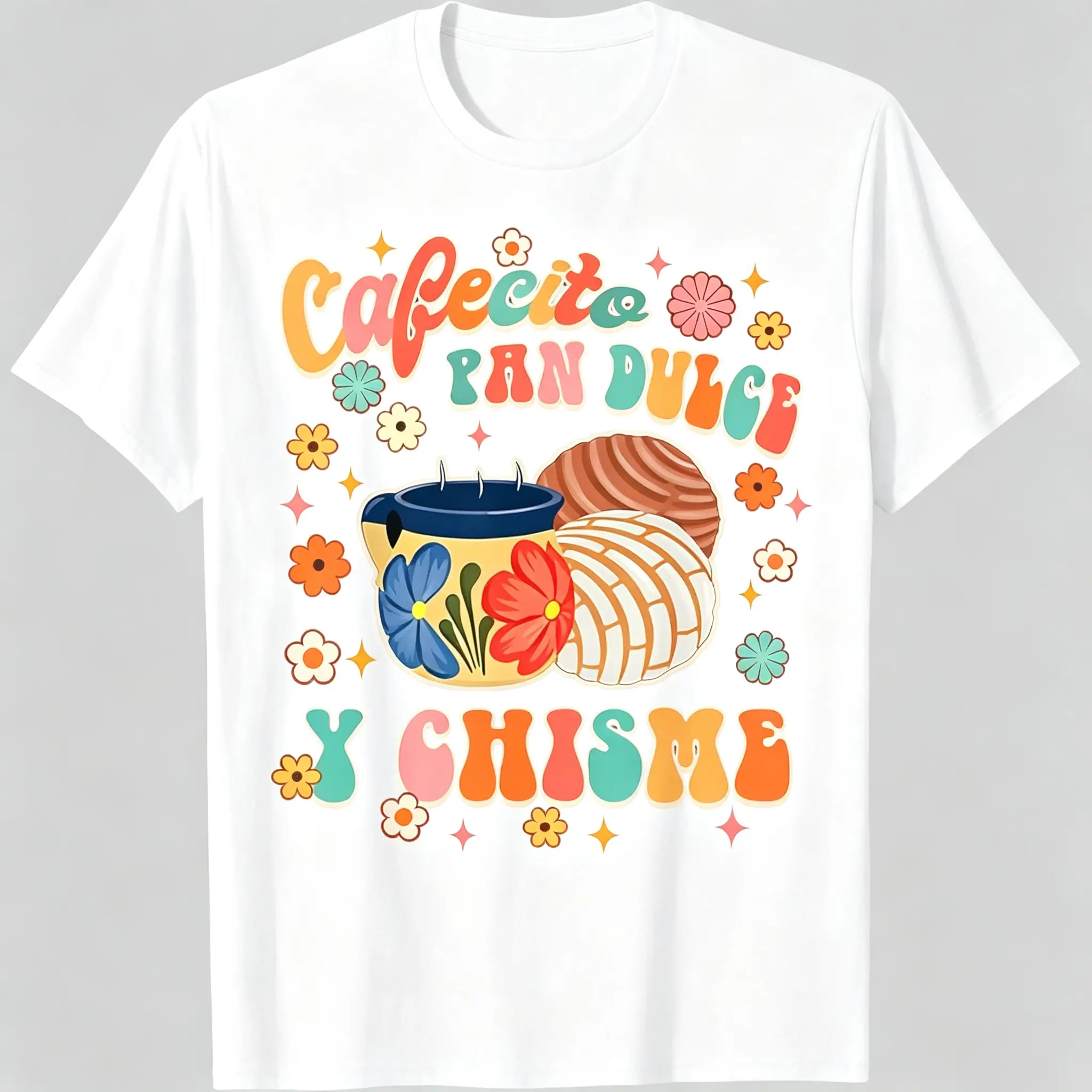 Cafecito Pan Dulce Y Chisme T Shirt Mexican Latina Concha Groovy Cotton Graphic Tee Streetwear Gift